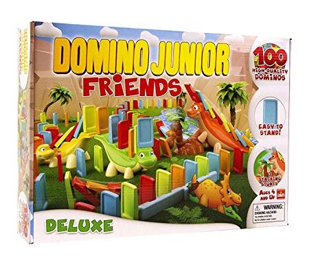 Goliath 81018 - Domino Junior Dino Friends, Domino-Set für Ihnen eigenen Domino Day, Aufregende Dino Abenteuer mit extragroßen Dominosteinen, Aufstellhilfe und viel Zubehör, ab 2 Jahren