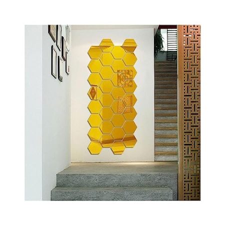 GIVBRO Sechseckiger Spiegel-Wandaufkleber, 3D-Acryl-Wandaufkleber für Wohnzimmer, Schlafzimmer, TV-Hintergrund, Heimdekoration, 70 x 80 x 40 mm, 12 Stück (Gold)