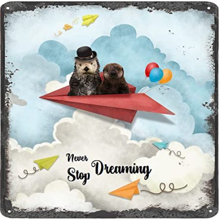 Finamille Inspirierende Wandkunst – Never Stop Dreaming,Otter Vintage Blechschild – Ballondekoration – Papier Flugzeug motivierendes Poster quadratisches Schild 30,5 x 30,5 cm