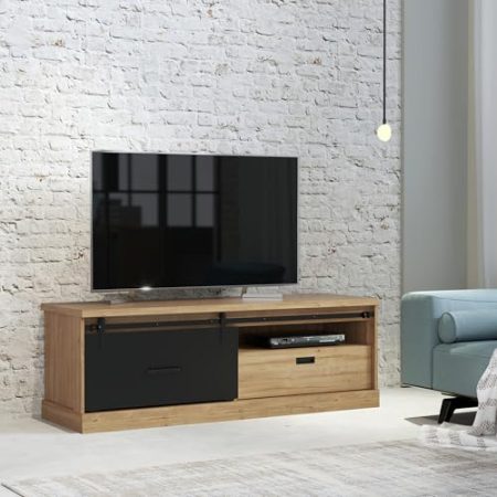 Forte KASZIMIRO TV-Schrank L mit 1 Türund 1 Schublade, Holzwerkstoff, Waterford Eiche/schwarz, B x H x T: 163,1 x 56,2 x 52 cm