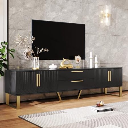 FocusOnHome Hochglänzender TV-Schrank: Boden, goldene Griffe und Füße, Tür mit gravierter Textur, Aufbewahrungslösung für das Wohnzimmer, perfekte Kombination aus Eleganz, Luxus und Funktionalität