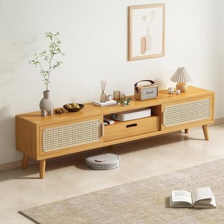 WOLWES TV Bank Bambus Lowboard, Schiebetüren, TV Tisch Fernseher Schrank TV Cabinet TV Möbel für Fernseher Bis 70 Zoll (Color : Rattan Door, Size : 1.6m-with Drawer)
