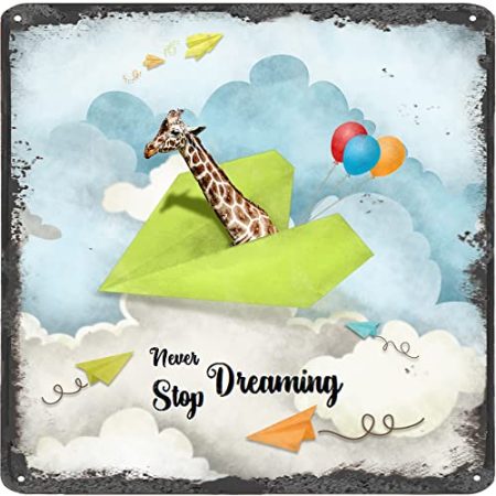 Finamille Inspirierende Wandkunst – Never Stop Dreaming, Giraffe Vintage Blechschild – Ballondekoration – Papier Flugzeug motivierendes Poster quadratisches Schild 30,5 x 30,5 cm