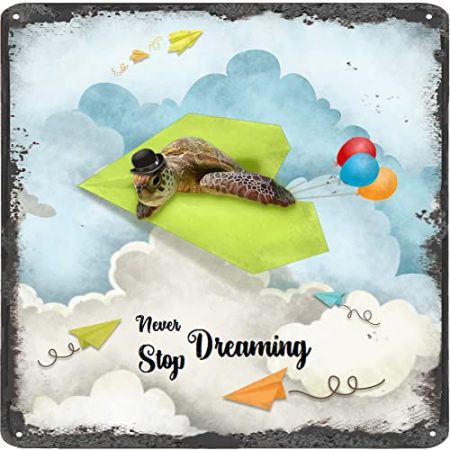 Inspirierende Wandkunst – Never Stop Dreaming, Meeresschildkröte Vintage Blechschild – Ballondekoration – Papier Flugzeug motivierendes Poster quadratisches Schild 30,5 x 30,5 cm