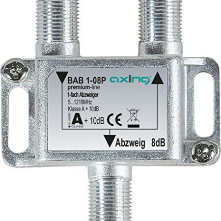 Axing BAB 1-08P 1-fach Abzweiger 8dB Kabelfernsehen CATV Multimedia DVB-T2 Klasse A+, 10dB, 5-1218 MHz metall