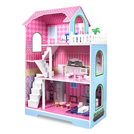 FIVMEN Puppenhaus Holz Dollhouse 3 Etagen Puppenhäuser mit Möbeln und diversen Zubehör für Große Puppen Spielzeug für ab 3 Jahre mädchen, 70x30x100cm