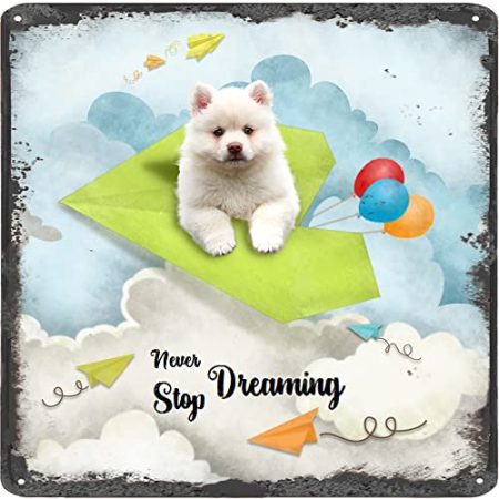 Finamille Inspirierende Wandkunst – Never Stop Dreaming,Samoyed Welpe Hund Vintage Blechschild – Ballondekoration – Papier Flugzeug motivierendes Poster quadratisches Schild 30,5 x 30,5 cm