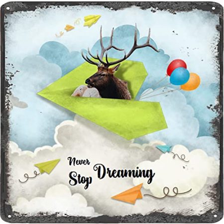 Finamille Inspirierende Wandkunst – Never Stop Dreaming,Elch Vintage Blechschild – Ballondekoration – Papier Flugzeug motivierendes Poster rustikales Wandschild 30,5 x 30,5 cm