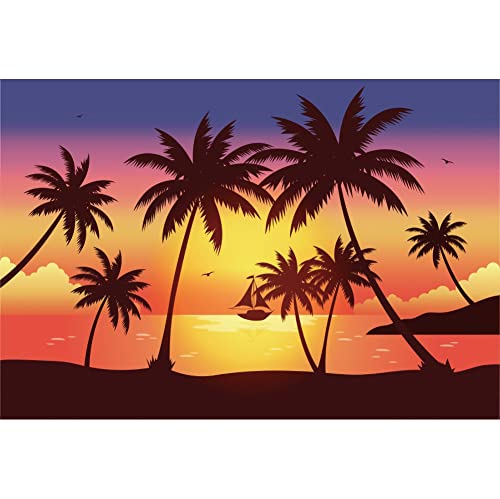 YongFoto 4,5x3m Tropischer Hintergrund für die Fotografie Sonnenuntergang Palme Meer Segelboot Insel Sommerstrand Küste-Plakat Insel Hawaii Exotische Party Zimmertapete Photo Booth Zubehör