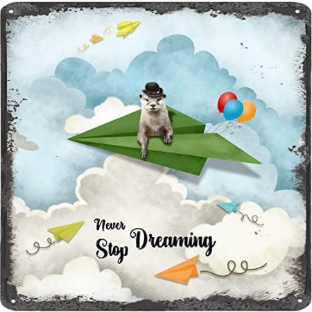 Finamille Inspirierende Wandkunst – Never Stop Dreaming, Otter Vintage Blechschild – Ballondekoration – Papier Flugzeug motivierendes Poster quadratisches Schild 30,5 x 30,5 cm