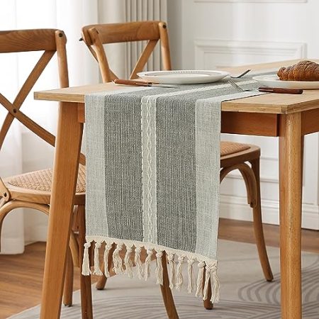 Gernaice Leinen-Tischläufer, 183 cm lang, breit, gestreift, bestickt, Tischläufer mit Quaste, geflochtene Tischabdeckung, Zubehör für Party, Urlaub, Zuhause, Küche, Dekor, 33 x 183 cm, Grau