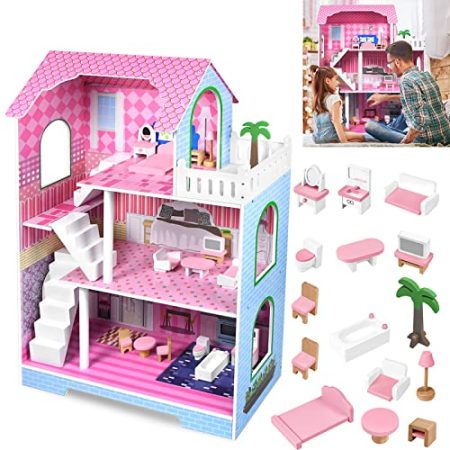 TRMLBE Puppenhaus Holz Große Puppenvilla 3 Etagen mit Möbeln und Zubehör DIY Dollhouse Puppen Spielzeug Mädchen Spielset Puppenstube ab 3 Jahren - 70x36x100cm