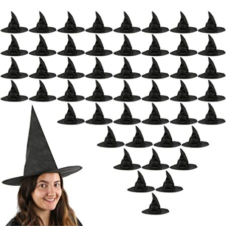 Halloween-Hexenhut für Erwachsene – 48 Stück – schwarzer spitzer Hexenhut mit breiter Krempe – Damen Halloween Trick or Treat Fancy Dress Zubehör