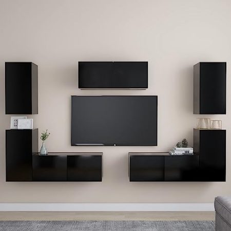 Annlera 7-TLG. TV-Schrank-Set Schwarz Holzwerkstoff Wohnwand Modern Tv Möbel Tv Cabinet Wohnwand Holz Tv Unterschrank Tv Board Holz Lowboard Hängend Sideboard Hängend Wohnwand Hängend