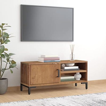 VACARX TV-Schrank, 90 x 30 x 40 cm, massives recyceltes Kiefernholz, Artikelfarbe: Braun