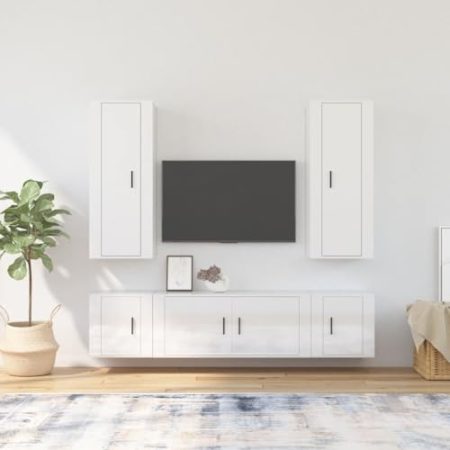 HETFTJN 5-TLG TV-Schrank-Set, Tv Table Tv Schrank Sideboard Holz Wohnwand Geeignet für Schlafzimmer Kleine Räume Fernseher Wohnzimmer Hochglanz-Weiß Holzwerkstoff