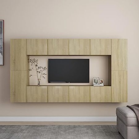 IKAYAA 8-TLG. TV-Schrank-Set Lowboard Wohnwand Set TV Board Hängend Sonoma Eiche Fernsehschrank TV-Schrank Wohnwand Wohnzimmer TV Set Hängeboard Schrank 80 x 30 x 30 cm Holzwerkstoff