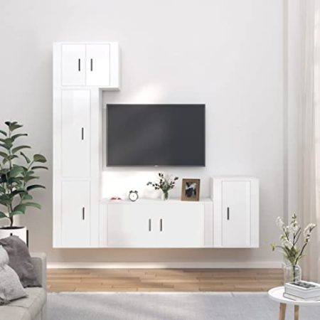 FUDUGEHMIOFWFJJ Sideboard,tv Schrank,lowboard,5-TLG. TV-Schrank-Set Hochglanz-Weiß HolzwerkstoffGeeignet für Wohnzimmer, Schlafzimmer, Eingang
