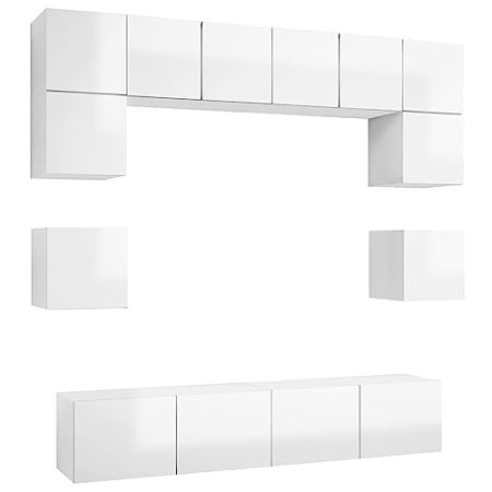 vidaXL TV Schrank Set 8-TLG. Wohnwand Anbauwand Schrankwand Wandschrank Hängeschrank TV Möbel Fernsehschrank HiFi-Schrank Lowboard Hochglanz-Weiß Holzwerkstoff