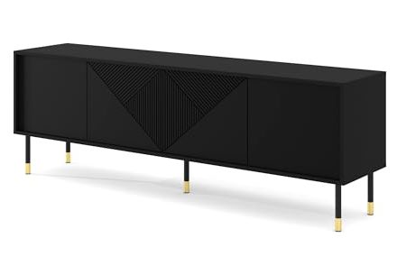 Homlando TV Schrank Woody Black 4D 180 cm - Moderner TV-Möbel mit gefräster Front MDF - Lowboard mit 4 Türen für Wohnzimmer - Metallbeine - Schwarz Matt