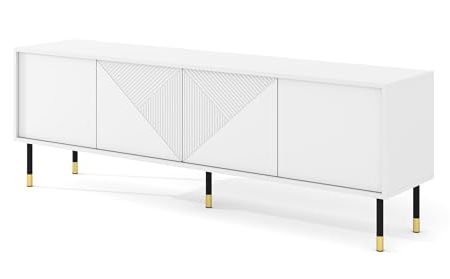 Homlando TV Schrank Woody White 4D 180 cm - Moderner TV-Möbel mit gefräster Front MDF - Lowboard mit 4 Türen für Wohnzimmer - Metallbeine - Weiß Matt