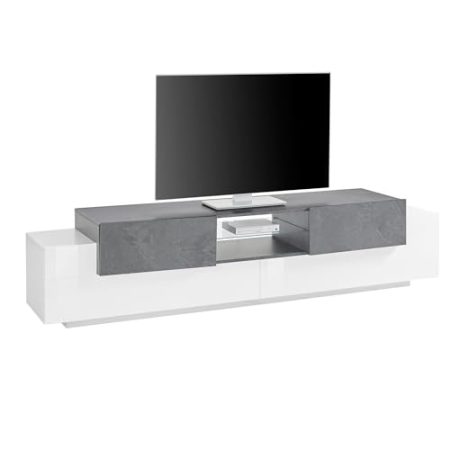 WHOUS TV-Schrank Corona 220 – TV-Schrank Weiß/Schiefer aus Melamin – TV-Ständer für den Boden mit Relief-TV-Tisch, 4 Türen und Tagesfach – Modernes Wohnzimmermöbel, hergestellt in Italien