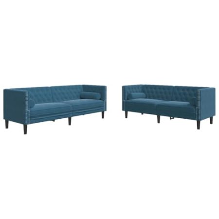 vidaXL Chesterfield Sofa Set mit Nackenrollen 2-TLG., Sofagarnitur mit Kissen, Sitzgruppe für Wohnzimmer, Polstersofa Couch Sessel, Blau Samt
