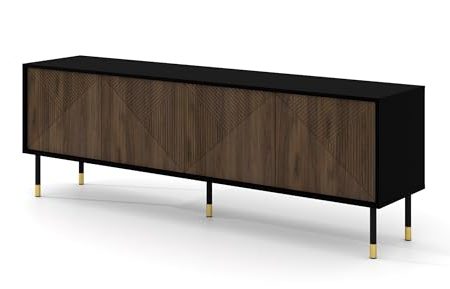 Homlando TV Schrank Woody IV 180 cm 4D - Moderner TV-Möbel mit mit gefräster Front Hochwertiges MDF- Lowboard mit Stauraum für Wohnzimmer Schlafzimmer - Metallbeine - Schwarz Matt/Catania Eiche