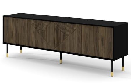 Homlando TV Schrank Woody Pacific 4D 180 cm - Moderner TV-Möbel mit gefräster Front MDF - Lowboard mit 4 Türen für Wohnzimmer - Metallbeine - Schwarz Matt/Pacific Walnuss