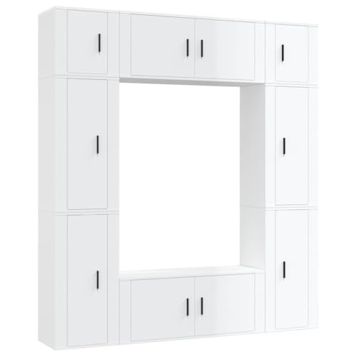 vidaXL TV Schrank Set 8-TLG., Wohnwand Wohnzimmer, Schrankwand Anbauwand mit Stauraum, Lowboard Fernsehtisch Wandmontage, Hochglanz-Weiß Holzwerkstoff