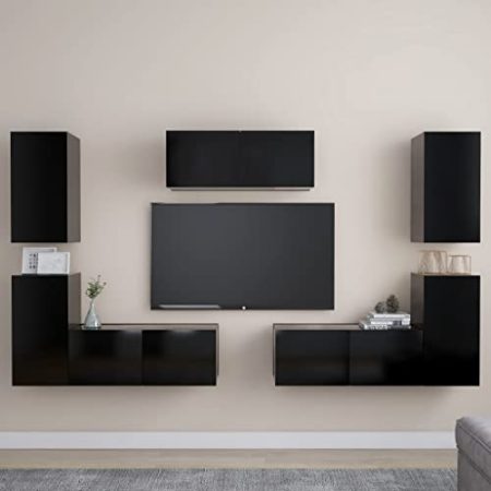 Youuihom TV-Hängeschränke, Moderne TV-Schränke mit Stauraum, 7-TLG. TV-Schrank-Set Schwarz Holzwerkstoff Geeignet für Wohnzimmer, Schlafzimmer, Hotel, B&B, Audiovisuelles Zimmer