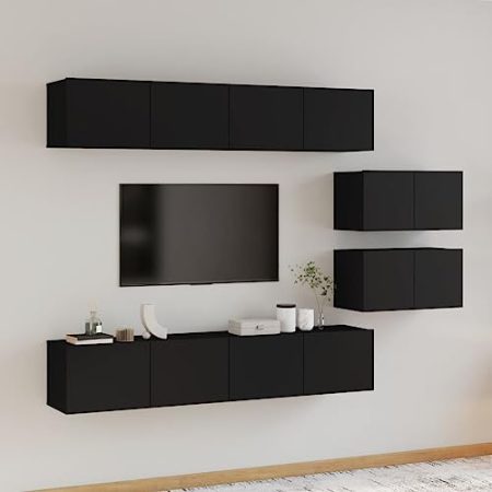 HETFTJN 6-TLG TV-Schrank-Set, Fernsehschrank Holz Tv Regal Tv Board Wohnzimmertisch Geeignet für Schlafzimmer Kleine Räume Wohnzimmer Den Flur Schwarz Holzwerkstoff