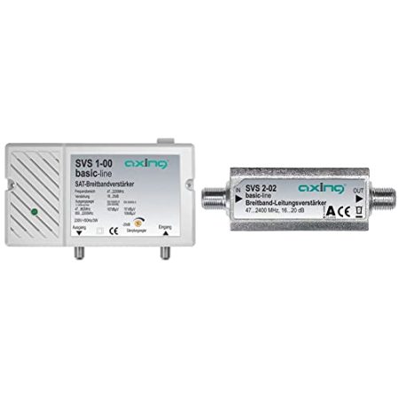 Axing SVS 1-00 Satelliten-Breitbandverstärker (25dB, 47-2200 MHz) & SVS 2-02 Satelliten-Leitungsverstärker Inline Breitband (20 dB, 47-2400 MHz)