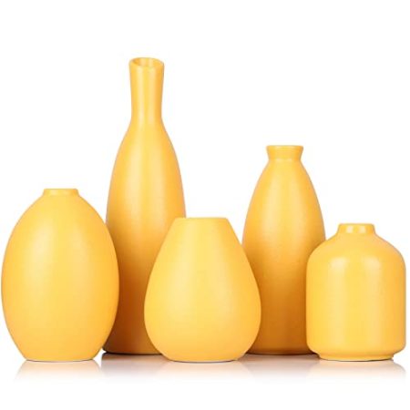 Gelbe Keramik Knospen Vasen Set von 5, Bauernhaus Dekor, Kamindekor, Kaminsims & Regal Dekor, Heimdekoration für Wohnzimmer, Eingang, Badezimmer & Büro, Couchtischdekoration, Knospenvasen Bulk