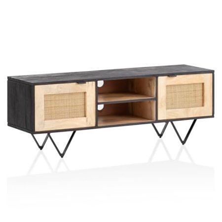 Wohnling Lowboard Mango Massivholz/Rattan 120x44x35 cm TV-Kommode mit Zwei Türen, Design TV-Schrank mit Kabeldurchlass, Fernsehtisch Fernsehschrank Modern, Fernsehkommode Wohnzimmer