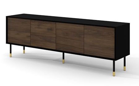 Homlando TV Schrank Sherwood 180 cm 4D - Moderner TV-Möbel mit mit gefräster Front Hochwertiges MDF- Lowboard mit Stauraum für Wohnzimmer Schlafzimmer - Metallbeine (Schwarz Matt/Catania Eiche)