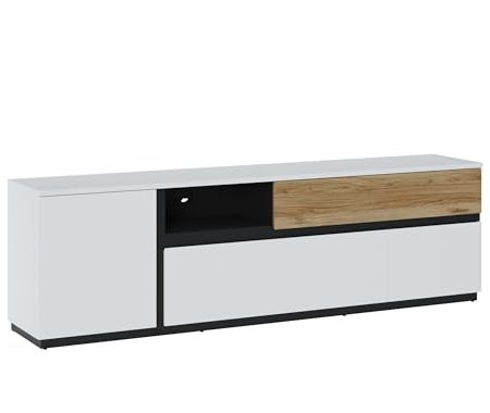 AVANTI TRENDSTORE - Walea - TV-Schrank aus laminiertem Holz in der Farbe Alpinweiß/Catania Eiche/Mattschwarz. Maße Lap ca. 210,5 x 63,1 x 40 cm