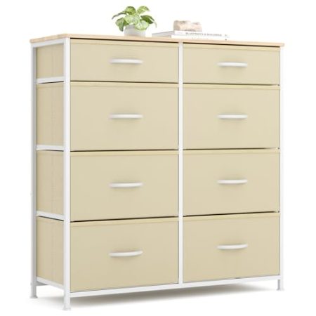 Xbro Kommode, Kommodenschrank mit 8 Schubladen aus Stoff, Komodenschrank Schlafzimmer mit Holzplatte, Kommode Schlafzimmer Flur, Komodenschrank Flurschrank für Küche Büro Flur Schlafzimmer (Beige)