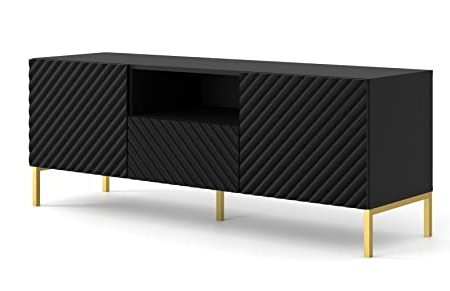 Homlando TV-Schrank SURF 150 cm 2D1S mit gefräste dekorierte MDF-Fronten auf Metallbeinen Lowboard, TV Tisch, Sideboard, Tischplatte, TV Kommode mit 2 Türen, Regal, Schublade (Schwarz Matt)