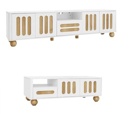 Azkoeesy Wohnzimmermöbel mit LED-Beleuchtung, 2er-Set, 1x TV-Schrank, 1x Couchtisch, Kugelförmige Beine, Weiß und Holzoptik