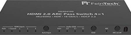 FeinTech VAX04100 HDMI 2.0 ARC Pass Switch 4x1, für 3 HDMI-Quellen, Soundbar und TV Beamer 4K@60Hz| HDR | 18Gbit/s | HDCP 2.2 Dolby Atmos