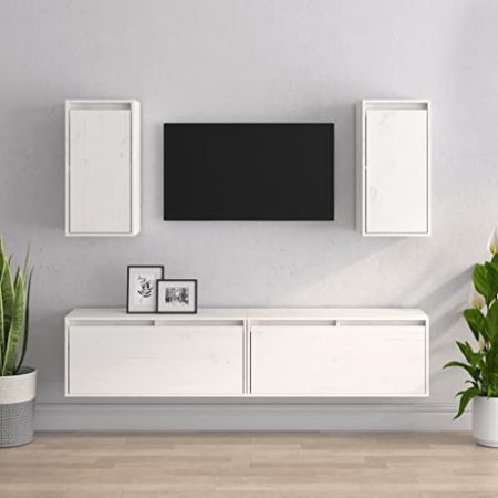 homiuse Wohnzimmer TV-Schränke 4 STK. Weiß Massivholz Kiefer Klassischen TV Schrank Set Wohnzimmer MöBel Fernsehschrank HäNgend Wohnzimmerschrank HäNgeschrank Wohnzimmer MöBel SetWandschränke