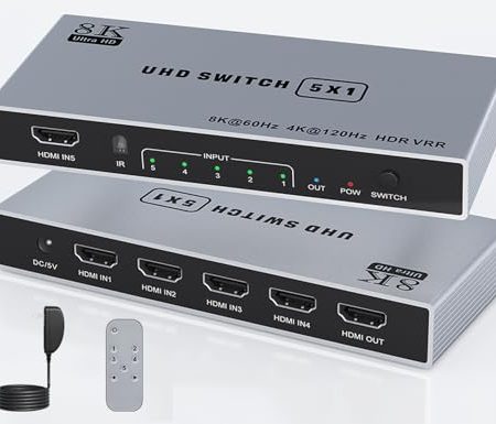 8K HDMI Switch 5 in 1 Out HDMI Splitter - 4k 120Hz HDMI 2.1 Umschalter Box Port Expander Selector mit Remote-Unterstützung 3D/HDR/HDCP2.3/Dolby Vision, Kompatibel mit PS 5/4 Xbox Switch DVD-Player TV