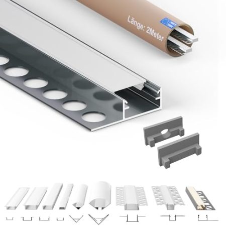 Tivendis Led Alu Profil 2 m F2 mit Zubehör für Strip/Streifen bis 14 mm breit | Abdeckung satiniert milchig | Einbau Abschlussleiste Abschlussprofil Fliesenschiene eloxiert 2er SET