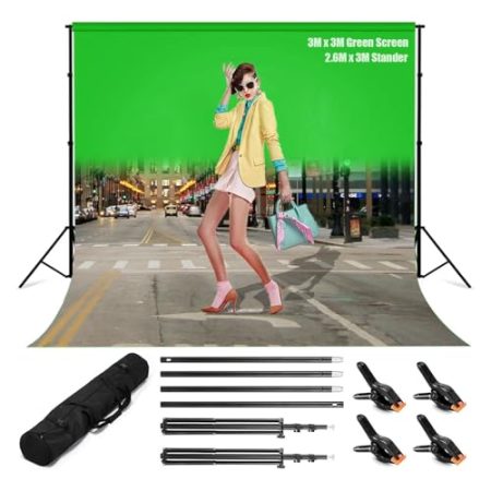 Greenscreen mit Ständer, 3m x 3m Fotohintergrund Green Screen Hintergründe für Fotostudios mit 2,6m x 3m Hintergrund Ständer und 4 Klemmen für Fotoshooting Streaming Gaming Video