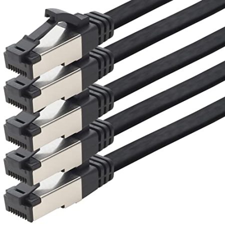 1aTTack.de 7,5m Cat 8 Patchkabel flach schwarz 40 Gigabit Netzwerkkabel Ethernet LAN Kabel 40 Gbits 2000 Mhz Patchkabel Cat8 Kabel LSZH TPE PIMF Rj45 Stecker 5 Stück - 7,5m
