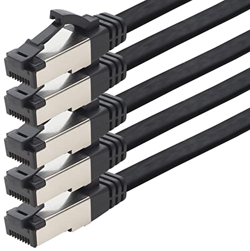 1aTTack.de 7,5m Cat 8 Patchkabel flach schwarz 40 Gigabit Netzwerkkabel Ethernet LAN Kabel 40 Gbits 2000 Mhz Patchkabel Cat8 Kabel LSZH TPE PIMF Rj45 Stecker 5 Stück - 7,5m