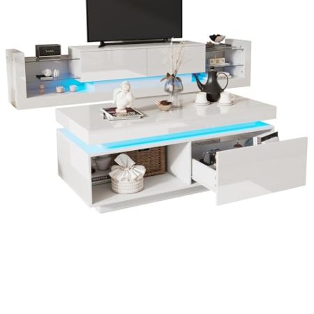YESGIGA TV-Wandschrank-Set, TV-Schrank Couchtisch, Hochglanz-Wandschrank, Wohnzimmerset, Hochglanz-Set mit LED-Leuchten (Weiß)