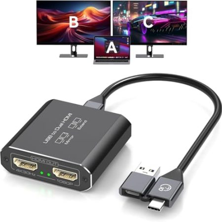 JCYMELE HDMI Splitter Extended Display for Dual Monitor USB A & C to 2 HDMI Adapter 1 in 2 Out for Laptop Mac Triple Set Support MST & SST Modes; 4K@30Hz Ausgang 1, 1080p Ausgang 2