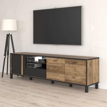 Forte HAYATO TV-Schrank 3 Türen 1 Schublade, Holzwerkstoff, Schwarz/Alpenfichte, B x H x T: 199,2 x 56,4 x 42 cm